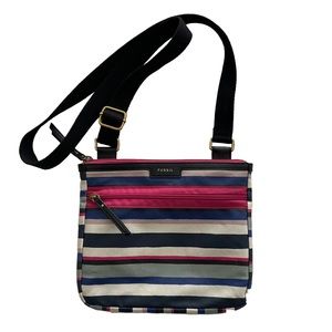 FOSSIL Eliza Blue Multi Stripe Coated Canvas Crossbody Bag